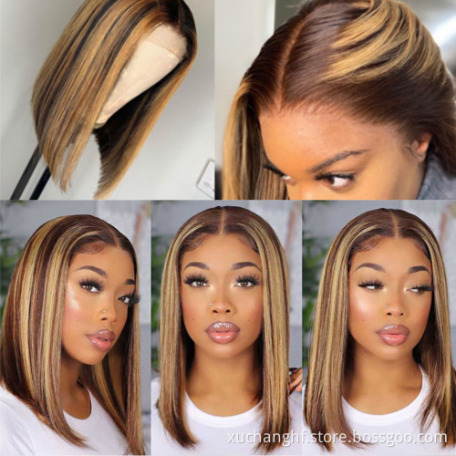 Highlight 1b Honey Brown Color Straight Bob Human Hair Lace Front Wigs Queen Lace Wig Transparent Hd Full Lace Human Hair Wigs